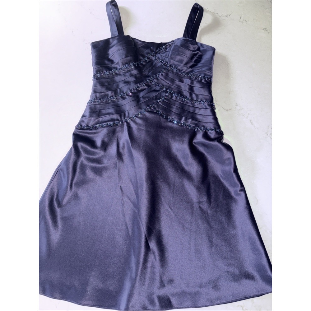 PATRA Beaded Navy/Violet Sleeveless‎ V Neck Dress Size 8 Ruched Cocktail Party